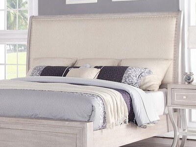Upholstered King/Queen Bed, Whitewash Finish
