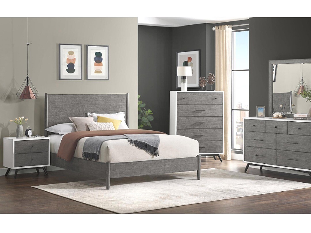 Mid-Century Queen Bedroom Modern Set, White, Grey and Black