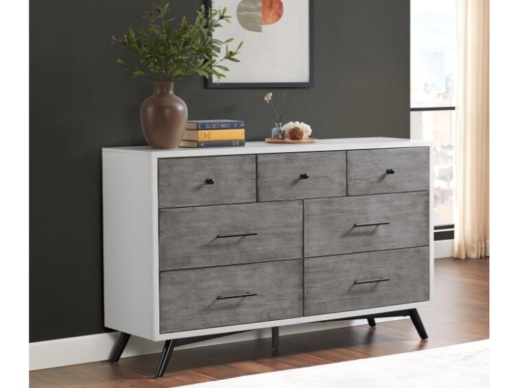 Mid-Century 7-Drawer Dresser , White, Grey and Black Mid-Century 7-Drawer Dresser , White, Grey and Black