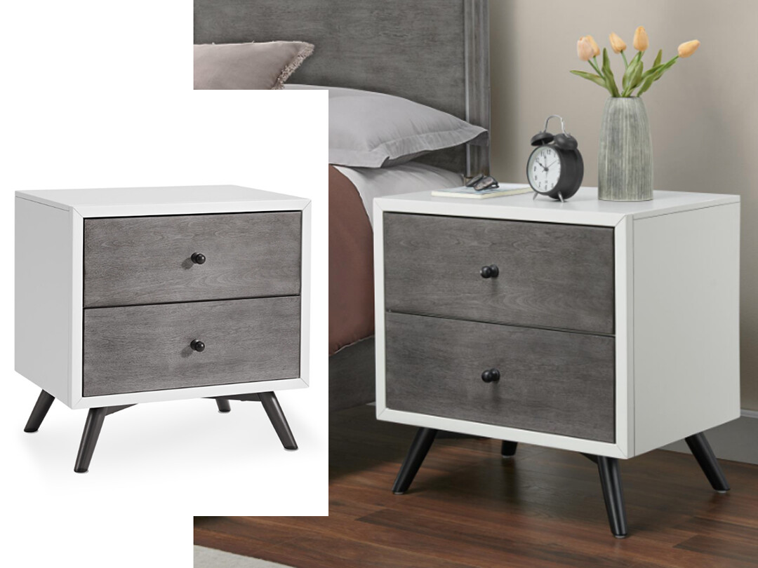 Mid-Century 2-Drawer Nightstand, White, Grey and Black Mid-Century 2-Drawer Nightstand, White, Grey and Black