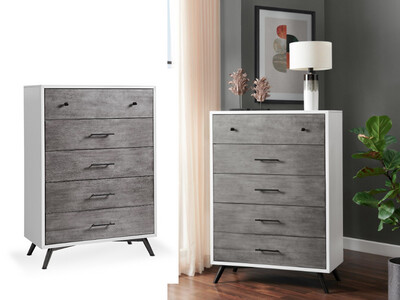 Mid-Century 5-Draw Chest, White, Grey and Black Mid-Century 5-Draw Chest, White, Grey and Black