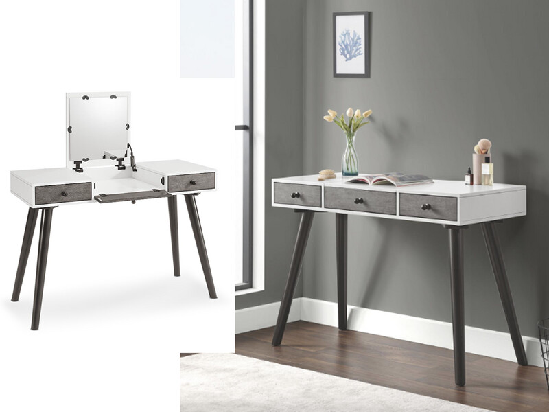 Mid-Century 2-Drawer Vanity/Desk, White, Grey and Black