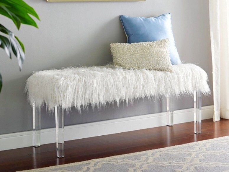 Plush Faux Fur  Bedroom Bench, White