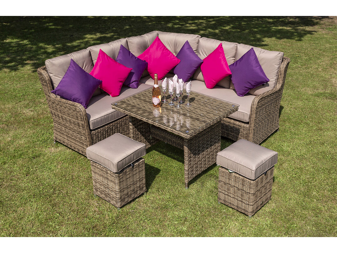 4 Pc, Outdoor Woven Corner Set, Cushions/Pillows: Champagne, Pink, Purple
