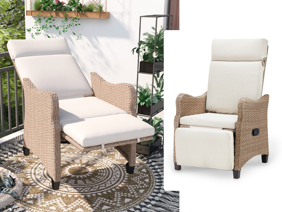 Wicker Outdoor Reclining Chair, Upholstered White