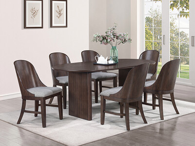 7 pc Oval Wood Dining Set, Grey Upholstery