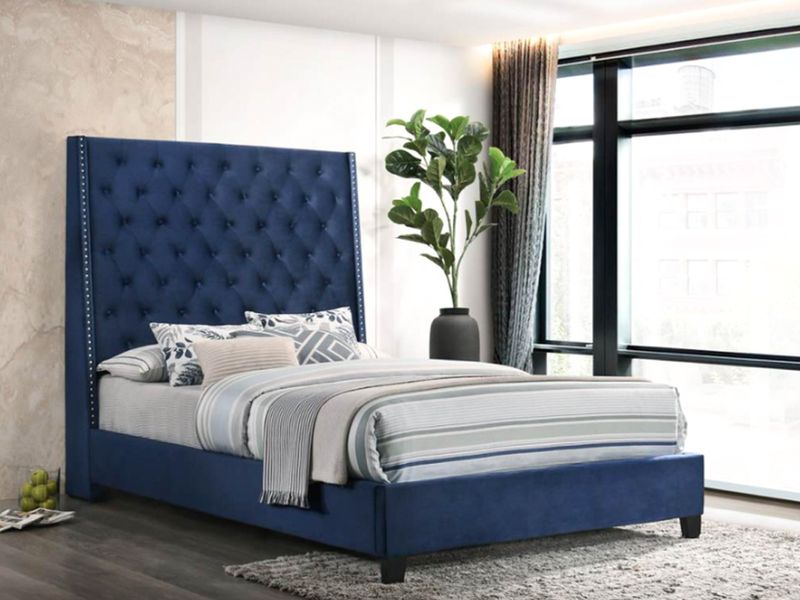 US$1,380.00, Now: US$966.00, Upholstered Tufted King  Bed, Blue