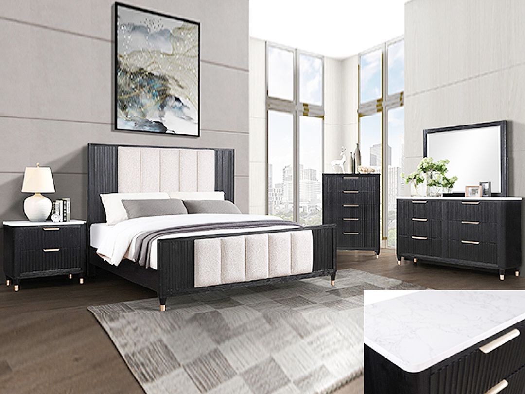 Dark Upholstered King Bed, Off-white