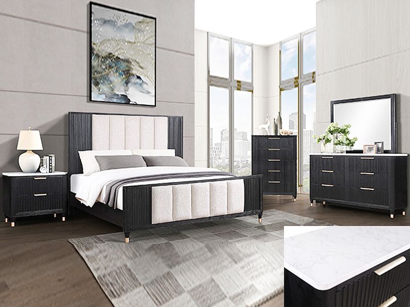 Dark Upholstered King Bed, Off-white