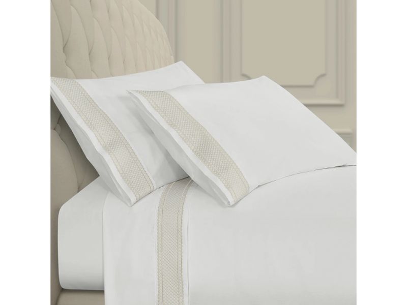 Queen/King Embroidered Sheet Set: White, Ivory, Gold, Silver, Colour: Ivory