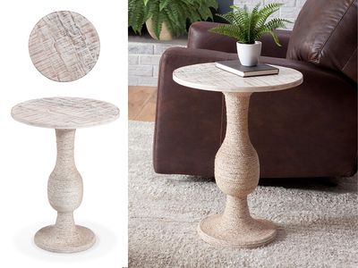 Round Whitewash Accent End Table