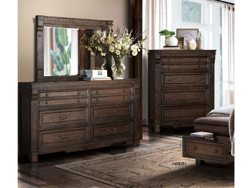 6 Drawer Grand Distressed Dresser with Mirror, Wood