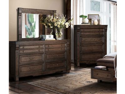 6 Drawer Grand Distressed Dresser with Mirror, Wood