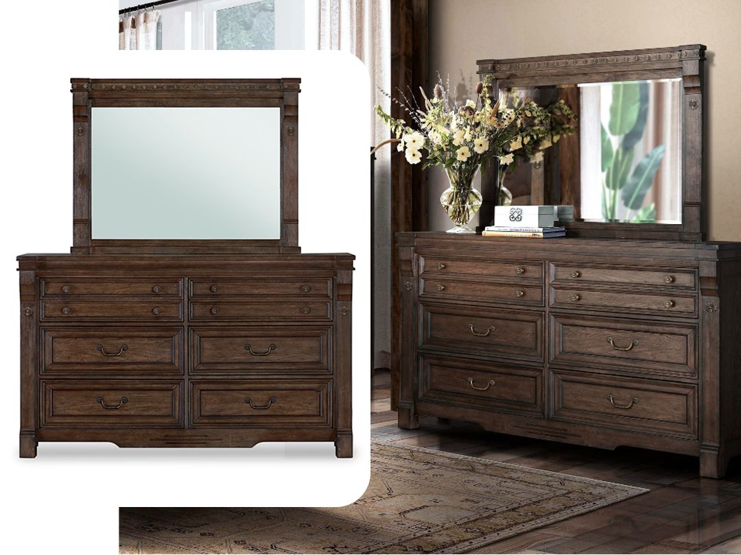 6 Drawer Grand Distressed Dresser with Mirror, Wood