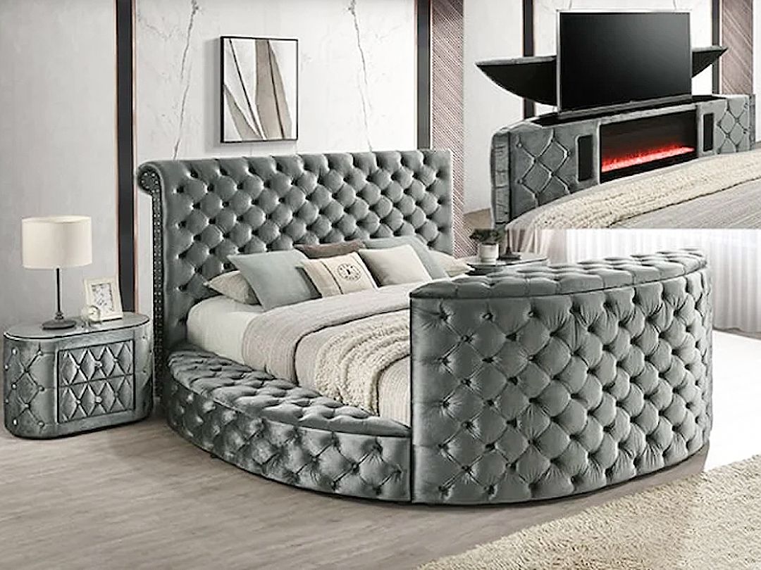 Grand Tufted Upholstered Round King Bed with Fireplace