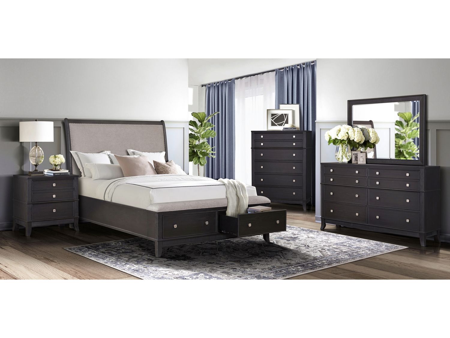 Upholstered Queen Bedroom Set, Dark Finish