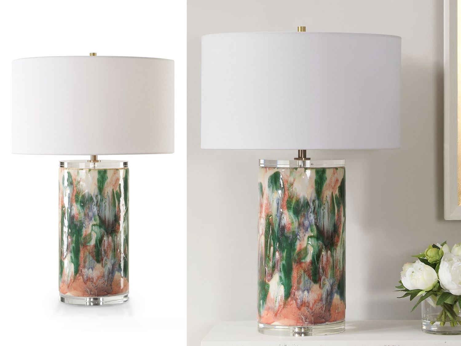 Verdant Ceramic Table Lamp, Greens, Blues,  Salmon Tones