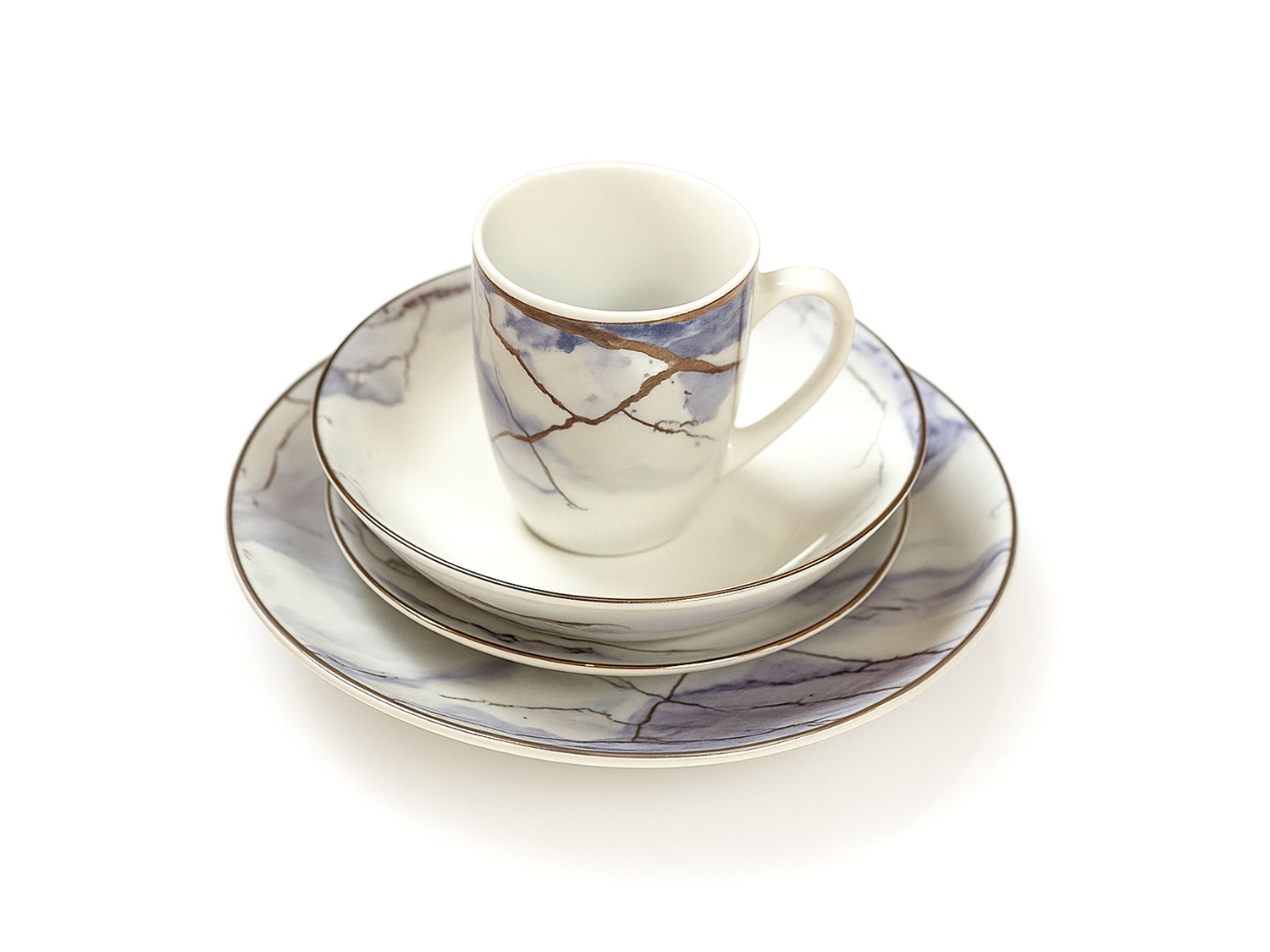 16 PCS, Swirl Porcelain Dinnerware Set, Blue, Gold &amp; White