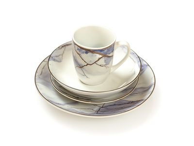 16 PCS, Swirl Porcelain Dinnerware Set, Blue, Gold &amp; White