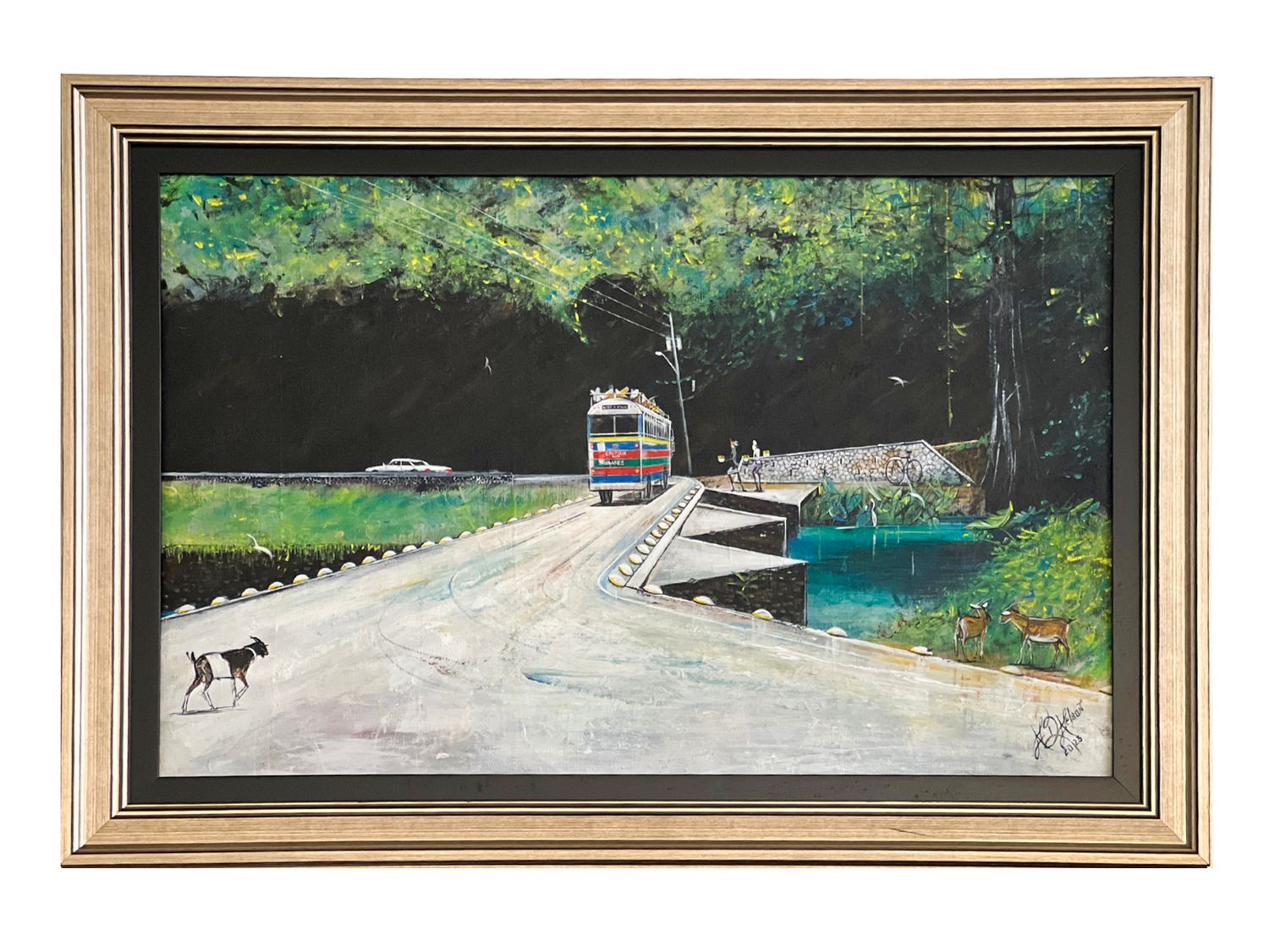 24&quot; x 33&quot; | Unique Landscape Painting by A. Nelson, &quot;Flat Bridge&quot;, Framed, Acrylic on Canvas