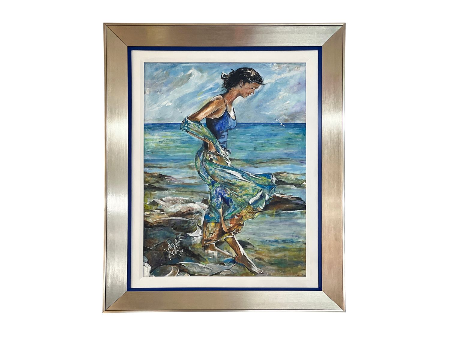 28&quot; x 16&quot; | Unique Figurative Painting by Campbell, &quot;Grace at Shoreline&quot;, Framed, Acrylic on Canvas