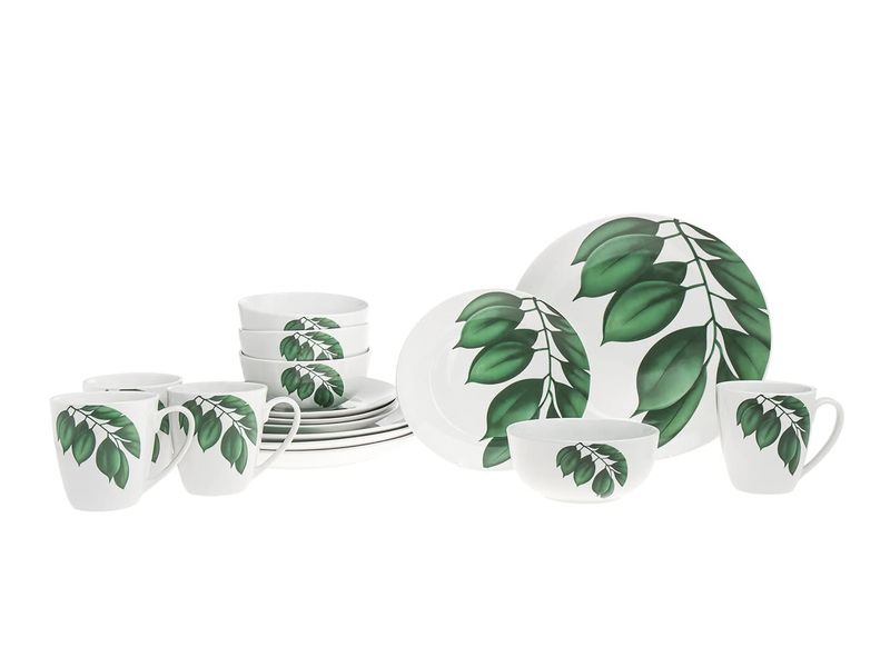 16 PCS, Palm Porcelain Dinnerware Set, Green &amp; White