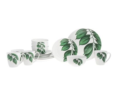 16 PCS, Palm Porcelain Dinnerware Set, Green &amp; White