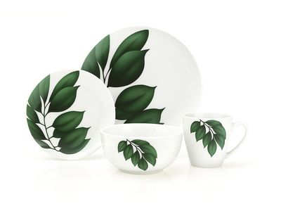 16 PCS, Palm Porcelain Dinnerware Set, Green &amp; White