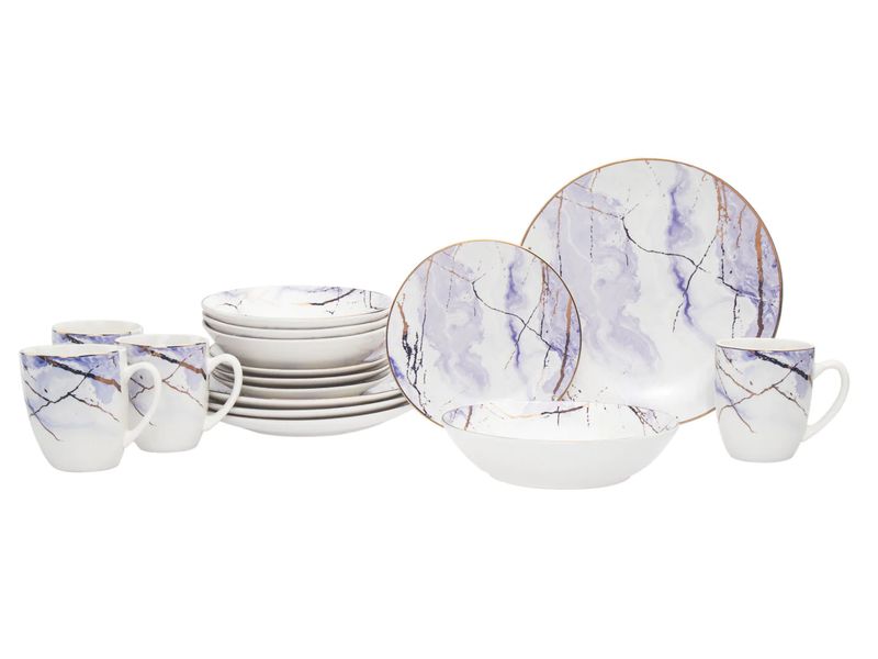 16 PCS, Swirl Porcelain Dinnerware Set, Blue, Gold &amp; White