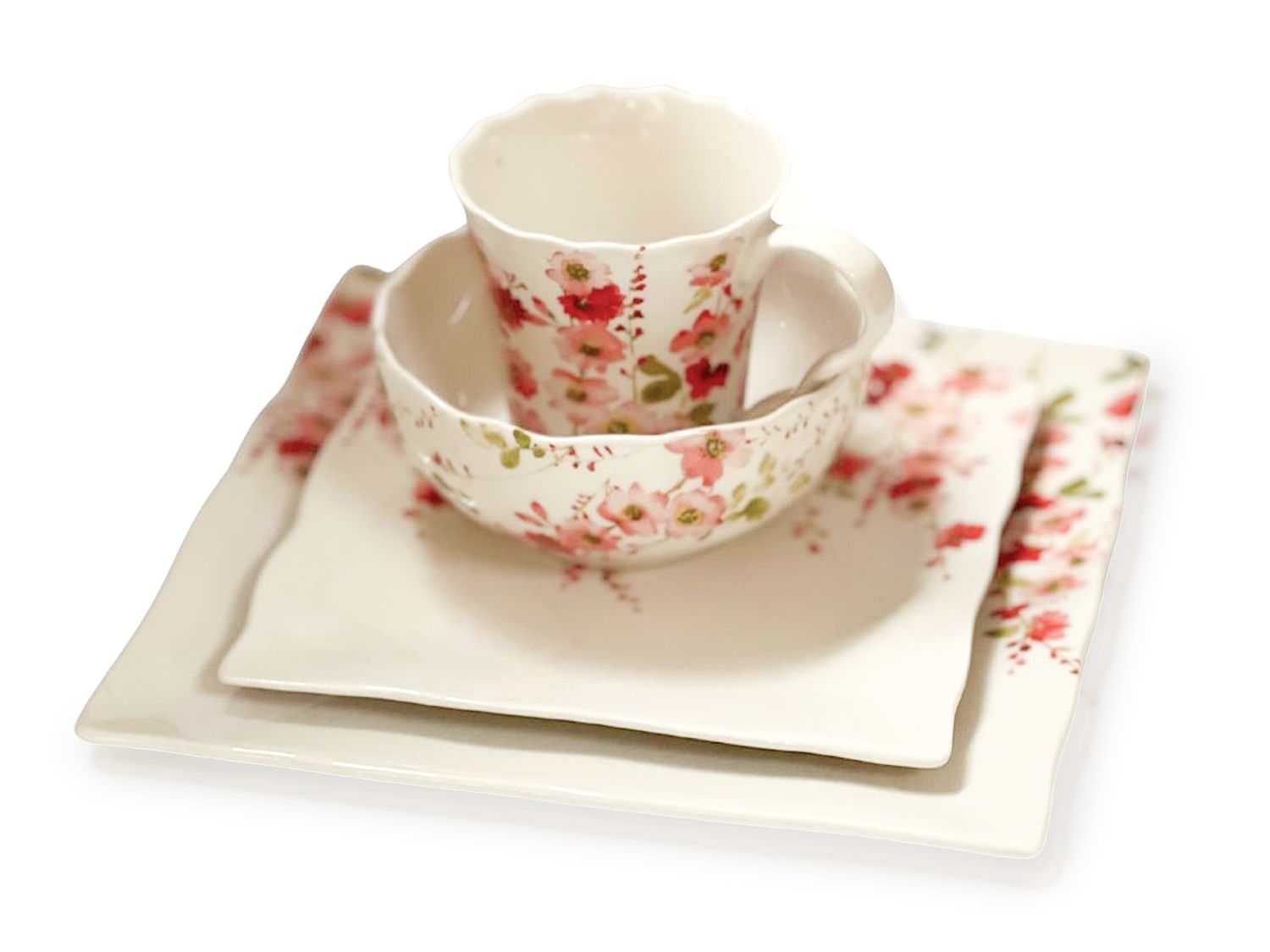 4 PCS, Red Porcelain Dinnerware Set, Red, green and white