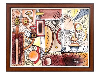 31&quot; x 41&quot; | Unique Cubist Painting by Perry, &quot;Im Lost Inna Him Thoughts&quot;, Framed, Acrylic on Canvas
