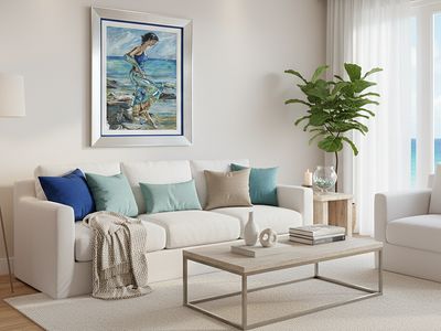 28" x 16" | Unique Figurative Painting by Campbell, "Grace at Shoreline", Framed, Acrylic on Canvas