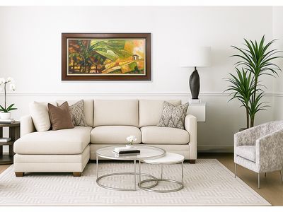 15.74" x 33.46" | Unique Painting by Nahshon, "Little House in View", Framed, Acrylic on Canvas