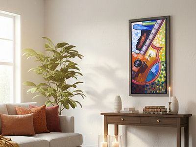 18" x 32" | Unique Painting by Nahshon, "Guitar Man", Framed, Acrylic on Canvas