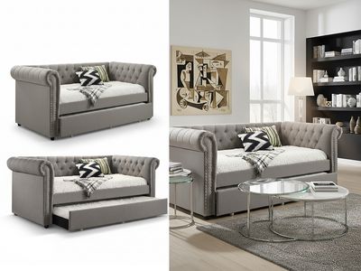Tufted Daybed with Trundle, Grey Tufted Daybed with Trundle, Grey