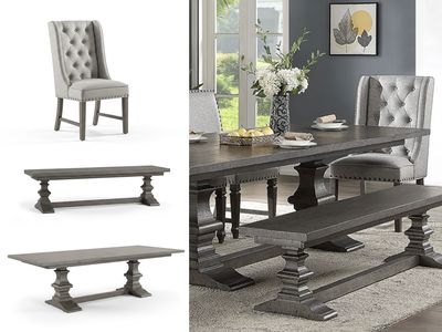 7 pc Traditional Dining Set with Bench, Grey