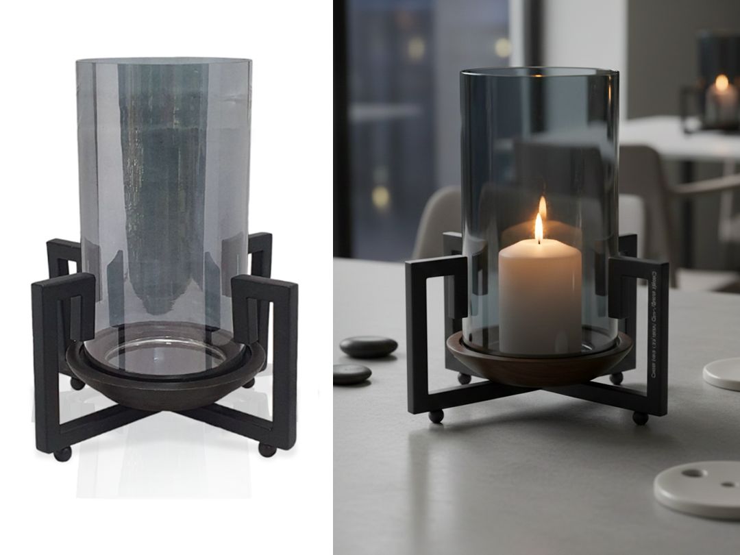 Candle  Holder, Steel, Glass and Mango wood