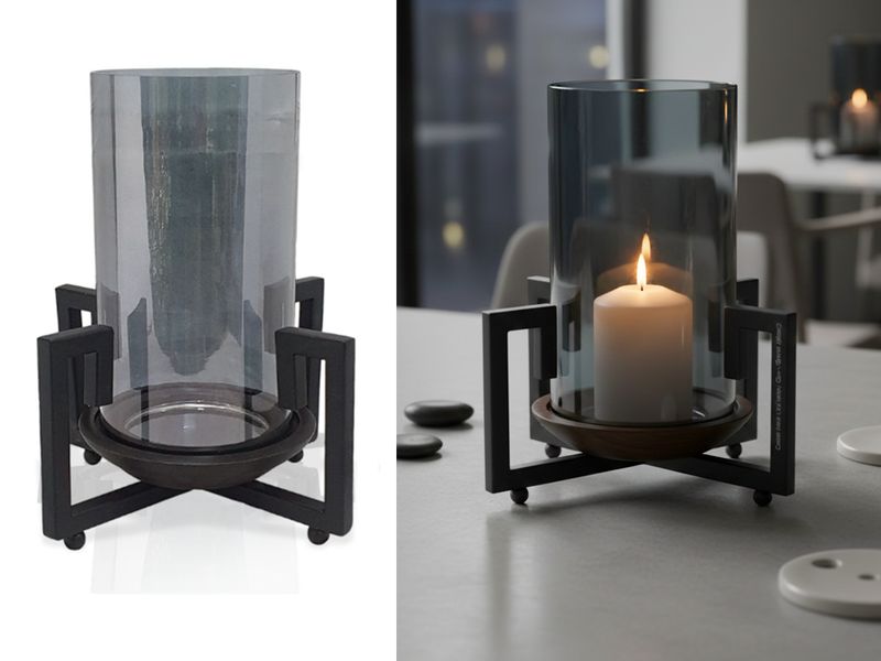 Candle  Holder, Steel, Glass and Mango wood