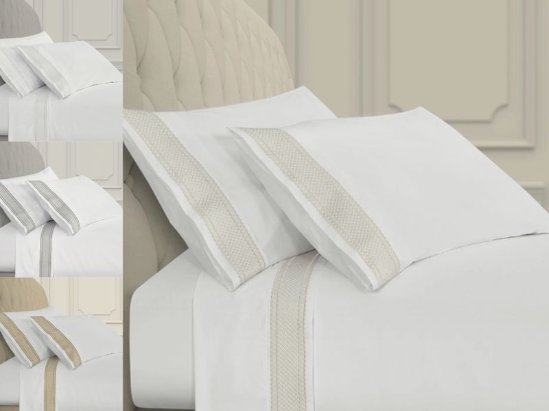 Queen/King Embroidered Sheet Set: White, Ivory, Gold, Silver