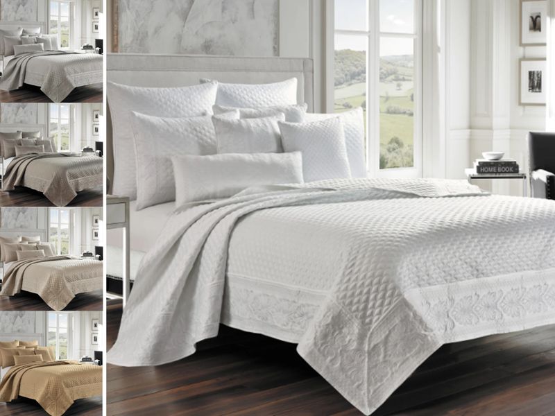 Queen/King Quilt/Coverlet Set: White, Silver, Gold, Taupe, Pearl