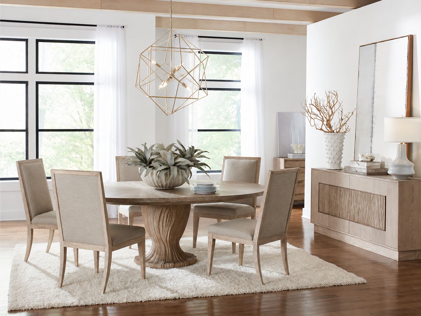 6 pc Natural Wood Round Dining Set, Off-white Upholstery