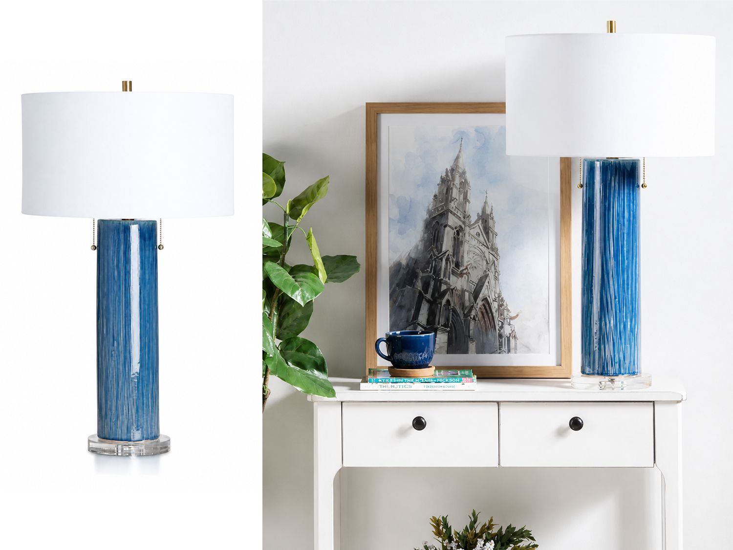 Ribbed Ceramic Glass Table Lamp, Blue