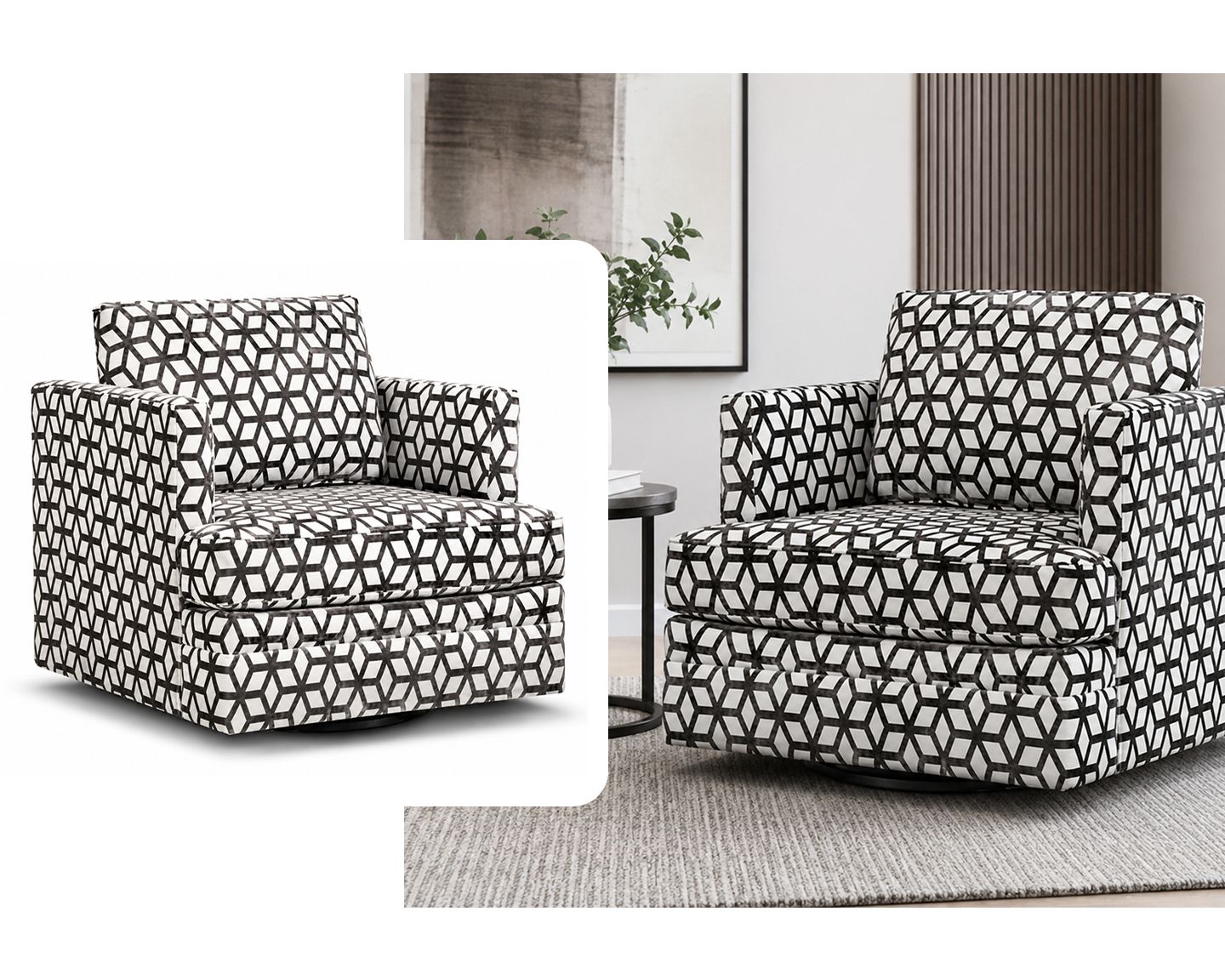 Geometric Pattern Upholstered Swivel Armchair, Grey &amp; Beige