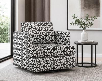 Geometric Pattern Upholstered Swivel Armchair, Grey &amp; Beige