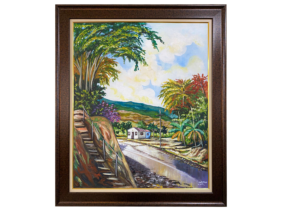 32" x 38" | Unique Landscape Painting by Nahshon, "Country Road", Framed, Acrylic on Canvas
