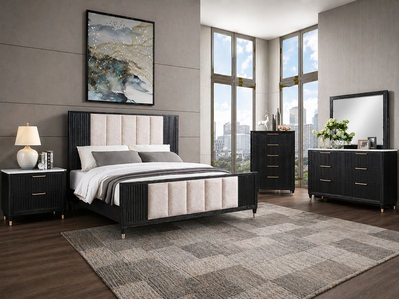Dark Upholstered King Bed, Off-white