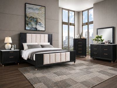 Dark Upholstered King Bed, Off-white