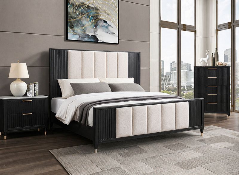 Dark Upholstered King Bed, Off-white