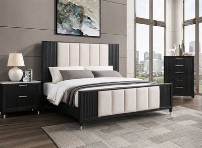 Dark Upholstered King Bed, Off-white