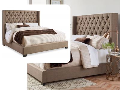 Linen Upholstered King Bed, Light Brown